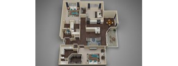 A dollhouse with a grey background and a brown floor.