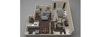 A top-down view of a small apartment with a kitchen, living room, and bedroom.