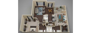 A dollhouse with a brown floor and furniture.