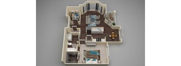 A top down view of a house with a living room, dining room, kitchen, and two bedrooms.