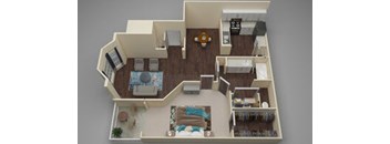 A 3D rendered image of a house layout.