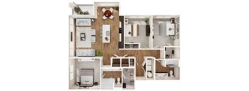A floor plan of a house with a kitchen, living room, and bathroom.