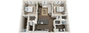 A top-down view of a small apartment with a kitchen, living room, and two bedrooms.
