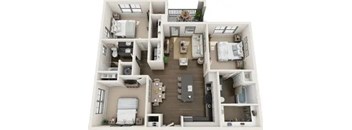 A dollhouse with a kitchen, living room, and bedrooms.