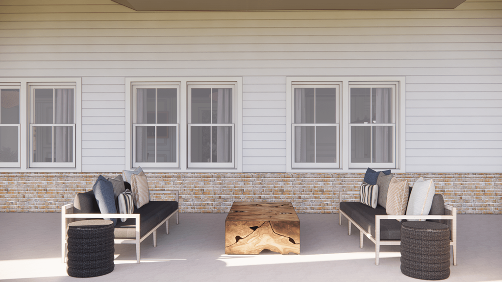 3d rendering of a porch with chairs and a table