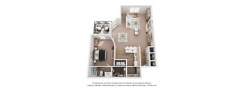 A 3D floor plan of a house with a kitchen, living room, and two bedrooms.