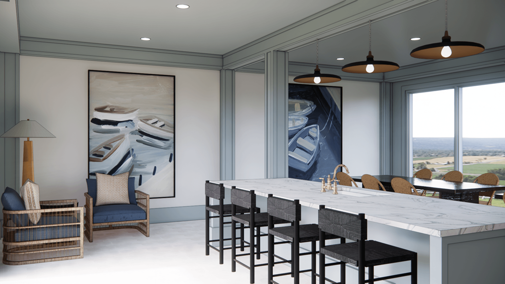 a rendering of a dining room with a marble table and chairs