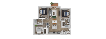 A 3D floor plan of a house with a kitchen, living room, and two bedrooms.