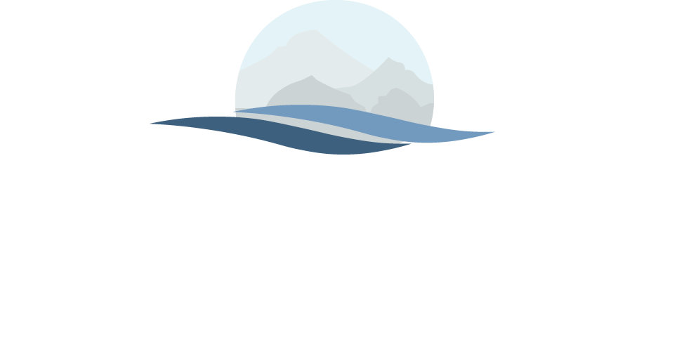 A logo for River Ridge Apartment Homes featuring a mountain and water.