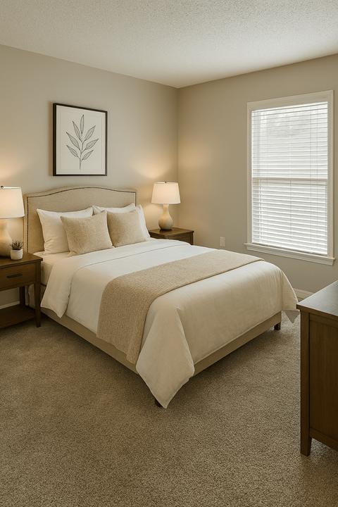 A bedroom with a large bed and two lamps.