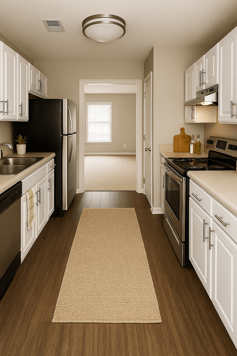 A kitchen with white cabinets and a brown rug on the floor.