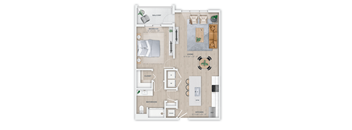 A floor plan of a small apartment with a balcony, bedroom, living room, kitchen, bathroom, and closet.
