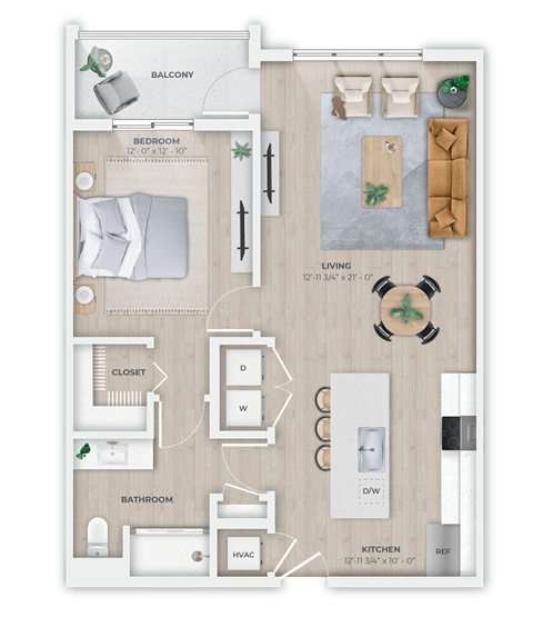 A floor plan of a small apartment with a balcony, bedroom, living room, kitchen, bathroom, and closet.