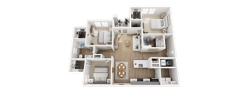 A detailed 3D floor plan of a modern apartment layout.