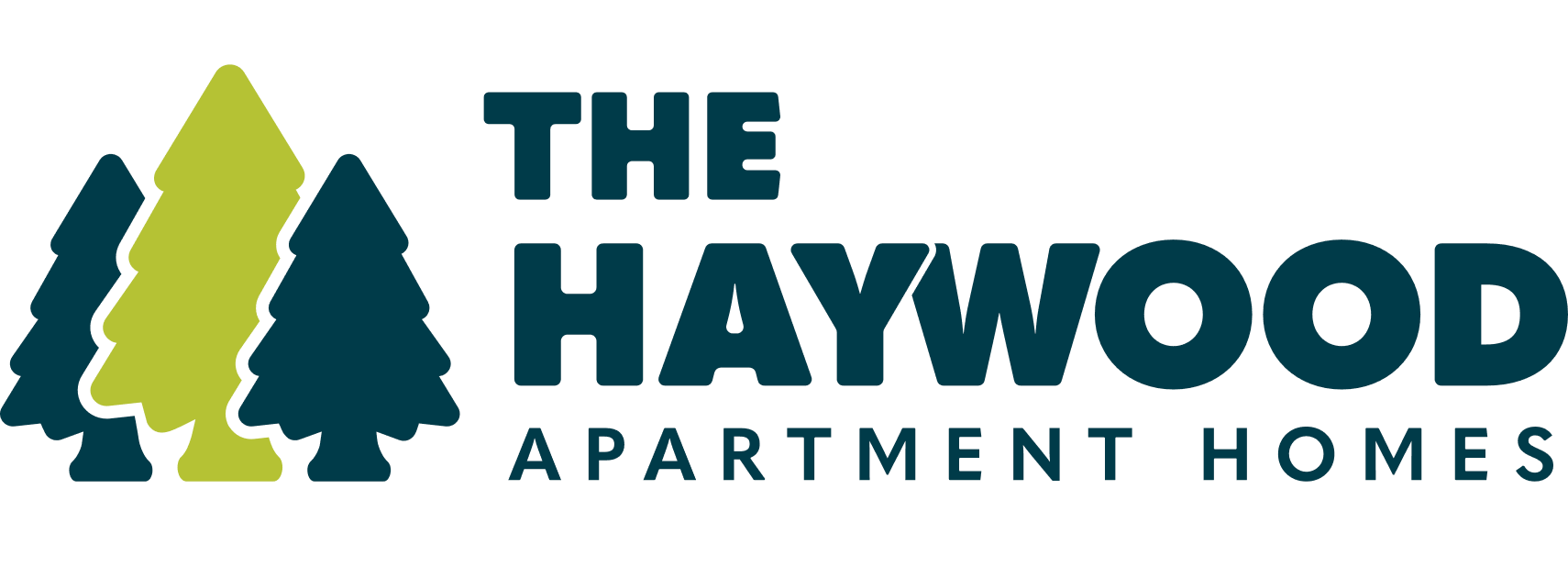 The logo for The Haywood Apartment Homes features trees and text.