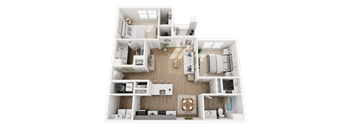 A top-down view of a two-bedroom apartment with a living room, kitchen, and bathroom.