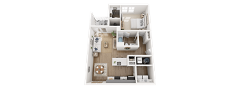 A top-down view of a small, neatly organized apartment with a kitchen, living room, and bathroom.