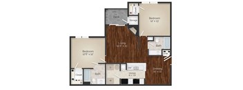 A floor plan of a house with a deck, two bedrooms, a living room, a dining room, a kitchen, a bath, and a storage area.