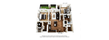 A 3D floor plan of a two-bedroom apartment with dimensions and a disclaimer.