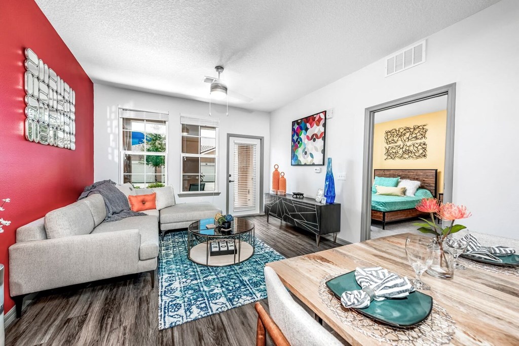 a living room with a couch and a table