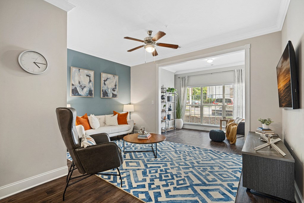 a living room with a white couch and a blue rug
