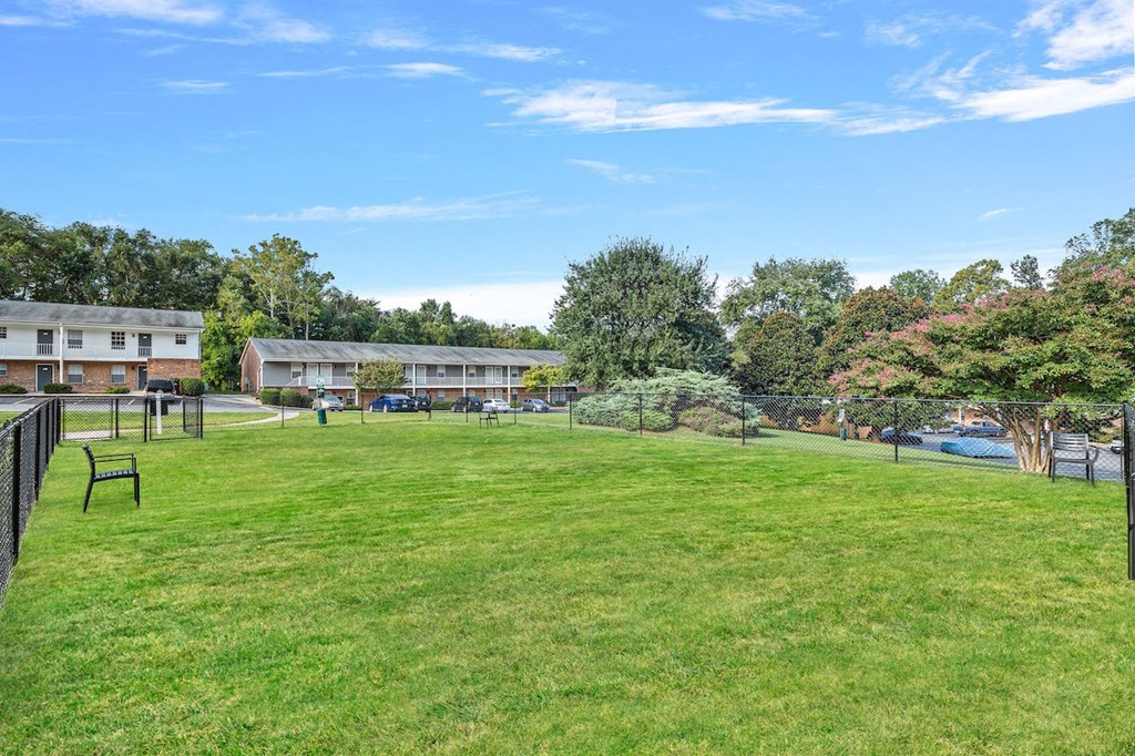 a large yard with a fence and buildings in the background