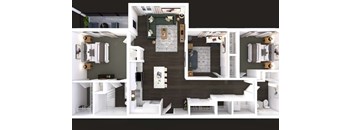 A 3D rendered image of a modern interior design layout.