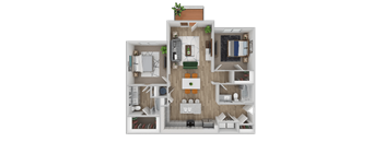 A 3D floor plan of a house with a living room, kitchen, and two bedrooms.