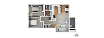 a stylized floor plan with a bedroom and a living room