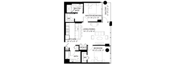 A floor plan of a house with a master bedroom, living room, and kitchen.