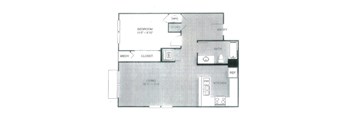 A floor plan of a small apartment with a bedroom, bathroom, kitchen, and living room.