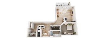 A top-down view of a small apartment with a kitchen, living room, and bathroom.