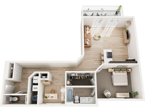 A top-down view of a small apartment with a kitchen, living room, and bathroom.