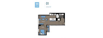 A floor plan of a 1 bedroom apartment with a living room, dining room, kitchen, and bathroom.