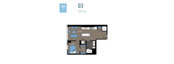 A floor plan of a 1 bedroom apartment with a living room, bedroom, and bathroom.