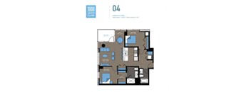 A floor plan of a 2 bedroom apartment with a living room, kitchen, and bathrooms.