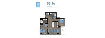 A floor plan of a 1000 South Clark apartment, number 05+14, showing a living room, bedrooms, and bathrooms.