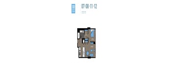 A floor plan of an apartment with the numbers 07, 08, 11, and 12 indicating the room numbers.