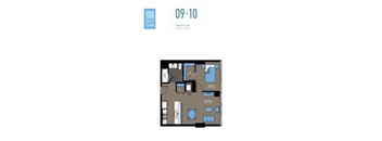 A floor plan of a 1 bedroom, 1 bath apartment with a living room and a kitchen.