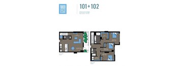A floor plan for a 101+102 apartment showing two bedrooms, two bathrooms, and a living area.