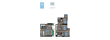 A floor plan for a 103 apartment in the 1000 South Clark building, featuring three bedrooms, two and a half baths, and a total interior space of 1,910 square feet.
