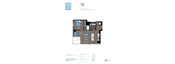 A floor plan for a 1500 square foot residence with one bedroom, one bath, and a total outdoor space of 73 square feet.