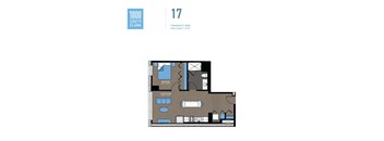 A floor plan of an apartment at 1000 South Clark Street showing a bedroom, living room, and other rooms.