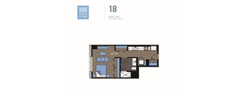 A floor plan of a studio apartment with a living room, bedroom, and bathroom.