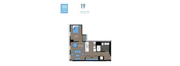 A floor plan of a 1 bedroom, 1 bathroom apartment with a total indoor area of 765 square feet.