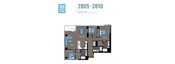 A floor plan of an apartment at 1000 South Clark with 3 bedrooms and 3 bathrooms.