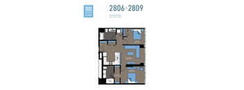 A floor plan of an apartment at 1000 South Clark shows two bedrooms, two bathrooms, and a living room.