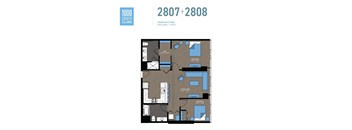 A floor plan for a 2 bedroom, 2 bath apartment at 1000 South Clark.