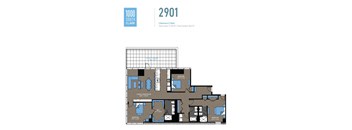 A floor plan for a 2901 apartment in 1000 South Clark shows a 3 bedroom, 3 bathroom unit with a total indoor area of 213 square feet and a total outdoor