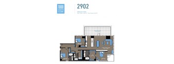 A floor plan for a 2902 apartment in the 1000 South Clark building, featuring three bedrooms, one bath, and a total outdoor space of 454 square feet.